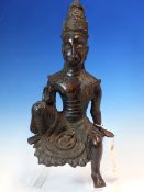 A SRI LANKHAN BRONZE FIGURE OF SARASWATI SEATED PLAYING A VINA. H 31cms. ANOTHER BRONZE OF A LADY