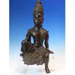 A SRI LANKHAN BRONZE FIGURE OF SARASWATI SEATED PLAYING A VINA. H 31cms. ANOTHER BRONZE OF A LADY