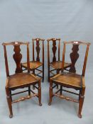 A SET OF FOUR 18th.C. COUNTRY ASH SIDE CHAIRS WITH SHAPED SPLAT BACK PANEL AND SOLID SEATS (4).