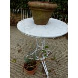 A WHITE MARBLE TOPPED WHITE PAINTED IRON TRIPOD TABLE. Dia 61 x H 72.5cms.