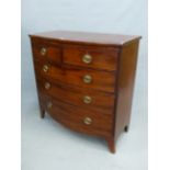 AN EARLY VICTORIAN MAHOGANY BOW FRONT CHEST OF TWO SHORT AND THREE LONG GRADUATED DRAWERS ON SPLAY