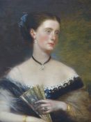 R. BUCKNER (1812-1883). PORTRAIT OF AN ELEGANT LADY HOLDING A FAN. SIGNED, OIL ON CANVAS. 92 x