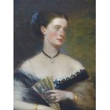 R. BUCKNER (1812-1883). PORTRAIT OF AN ELEGANT LADY HOLDING A FAN. SIGNED, OIL ON CANVAS. 92 x