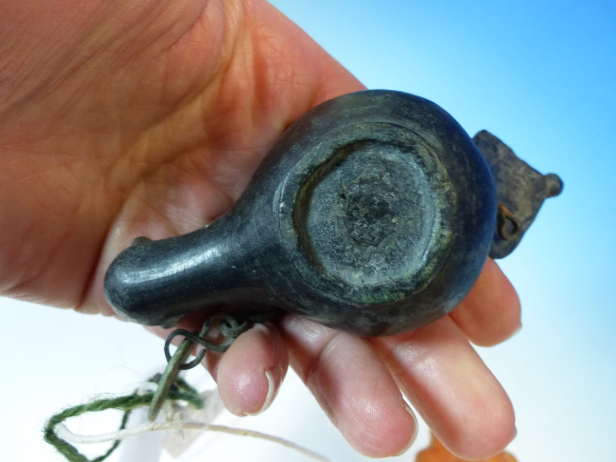 A ROMAN BRONZE OIL LAMP WITH HANGING CHAIN AND LEAF SHAPED HANDLE. W 11.5cms. TOGETHER WITH A - Image 6 of 14