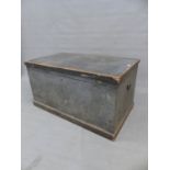 AN ANTIQUE GREY PAINTED PINE BLANKET CHEST WITH IRON HANDLES. W 109 x D 63 x H 58.5cms.