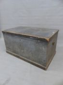 AN ANTIQUE GREY PAINTED PINE BLANKET CHEST WITH IRON HANDLES. W 109 x D 63 x H 58.5cms.