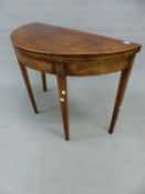 A REGENCY MAHOGANY AND BOXWOOD STRUNG DEMI LUNE FOLD OVER TEA TABLE ON SQUARE TAPERED LEGS. 96cm (