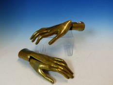 A PAIR OF BRASS GLOVEMAKERS DUMMIES, EACH HAND IN THREE SECTIONS. W 25cms.