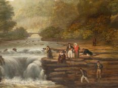 19th.C. ENGLISH SCHOOL. AN AFTERNOON BY THE RIVER. OIL ON CANVAS. 56 x 76cms.