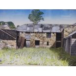 CONTEMPORARY SCHOOL. STONE BARNS. SIGNED INDISTINCTLY, GOUACHE. 44 x 69cms.