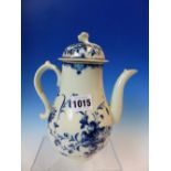 A WORCESTER BLUE AND WHITE FLORAL COFFEE POT AND COVER TOGETHER WITH FLUTED TEA WARES GILT WITH
