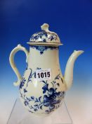 A WORCESTER BLUE AND WHITE FLORAL COFFEE POT AND COVER TOGETHER WITH FLUTED TEA WARES GILT WITH