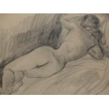 SIR JACOB EPSTEIN (1880-1959). RECLINING NUDE. CHARCOAL DRAWING, SIGNED. 43 x 56cms.