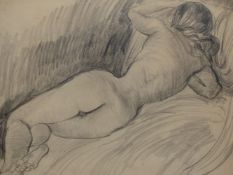 SIR JACOB EPSTEIN (1880-1959). RECLINING NUDE. CHARCOAL DRAWING, SIGNED. 43 x 56cms.