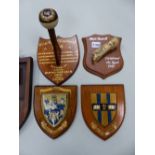FOUR VARIOUS SHIELDS, THREE HAVING ARMORIALS, A 1987 BOAT LAUNCH COMMEMORATIVE AND A 1924 TRINITY