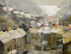 MIKE BERNARD (b. 1957). ARR. HELE BAY, ILFRACOMBE. MIXED MEDIA, SIGNED. GALLERY LABEL VERSO. 61 x