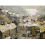 MIKE BERNARD (b. 1957). ARR. HELE BAY, ILFRACOMBE. MIXED MEDIA, SIGNED. GALLERY LABEL VERSO. 61 x