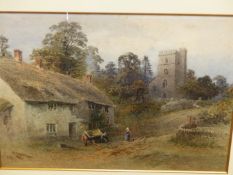 19th.C. ENGLISH SCHOOL. A RURAL HAMLET. WATERCOLOUR, SIGNED INDISTINCTLY. 37 x 52cms.