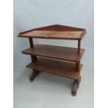 A 19th C. MAHOGANY THREE TIER BUFFET RISING ON PILASTERS ON EACH NARROW SIDE, THE TOP WITH THREE