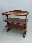 A 19th C. MAHOGANY THREE TIER BUFFET RISING ON PILASTERS ON EACH NARROW SIDE, THE TOP WITH THREE