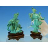 TWO CHINESE TURQUOISE MATRIX CARVINGS OF LADIES, ONE STANDING WITH A BASKET AND FLOWER. H 8.5cms.