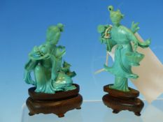 TWO CHINESE TURQUOISE MATRIX CARVINGS OF LADIES, ONE STANDING WITH A BASKET AND FLOWER. H 8.5cms.