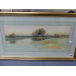 GEORGE OYSTON (1860-1937). SHEEP BY A RIVER. SIGNED WATERCOLOUR. 22.5 x 52cms.