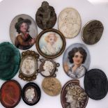 A GROUP OF ANTIQUE AND LATER DEEP RELIEF CARVED LAVA SHELL AND AGATE CAMEOS, TWO PORCELAIN HAND
