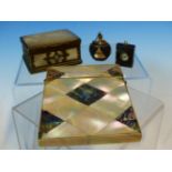 A VINTAGE MOTHER OF PEARL CARD CASE AND SNUFF BOX, A RED MOTTLED STONE BOOK FORM PENDANT INSET WI