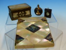 A VINTAGE MOTHER OF PEARL CARD CASE AND SNUFF BOX, A RED MOTTLED STONE BOOK FORM PENDANT INSET WI