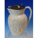 A SILVER LIDDED MINTON RELIEF MOULDED MASK JUG, DATE CODE FOR 1868, CELEBRATING COACH DRIVERS OF