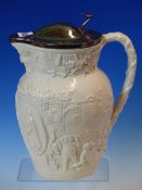 A SILVER LIDDED MINTON RELIEF MOULDED MASK JUG, DATE CODE FOR 1868, CELEBRATING COACH DRIVERS OF