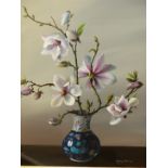 MARY BROWN (20th/21st.C.). SPRING BLOSSOM. OIL ON CANVAS, SIGNED, GALLERY LABEL VERSO. 51 x 41cms.