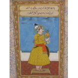 AN INDO PERSIAN PAINTING OF A STANDING PRINCELY FIGURE HOLDING AN ORB. 38.5 x 24.5cms.