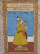 AN INDO PERSIAN PAINTING OF A STANDING PRINCELY FIGURE HOLDING AN ORB. 38.5 x 24.5cms.