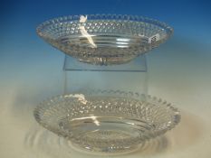 A PAIR OF OVAL CUT GLASS DISHES, THE SERRATED RIMS OVER BANDS OF DIAMOND DIAPER. W 24.5cms.