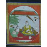 TWO INDIAN MINIATURE PAINTINGS. A SEATED DIGNITARY WITH MUSICIAN AND ATTENDANT, 24 x 18cms, TOGETHER