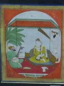 TWO INDIAN MINIATURE PAINTINGS. A SEATED DIGNITARY WITH MUSICIAN AND ATTENDANT, 24 x 18cms, TOGETHER