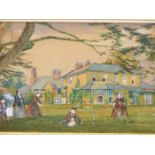 19th.C. ENGLISH SCHOOL. CROQUET ON THE LAWN. WATERCOLOUR, SHAPED MOUNT. 21 x 51cms.