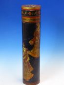 AN INDIAN LACQUERED PAPIER MACHE CYLINDRICAL BOX AND COVER, POSSIBLY KASHMIRI, PAINTED WITH FOUR