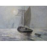 20th.C. ENGLISH SCHOOL. FISHING BOATS IN THE MIST. OIL ON CANVAS, SIGNED INDISTINCTLY. 72 x 92cms.