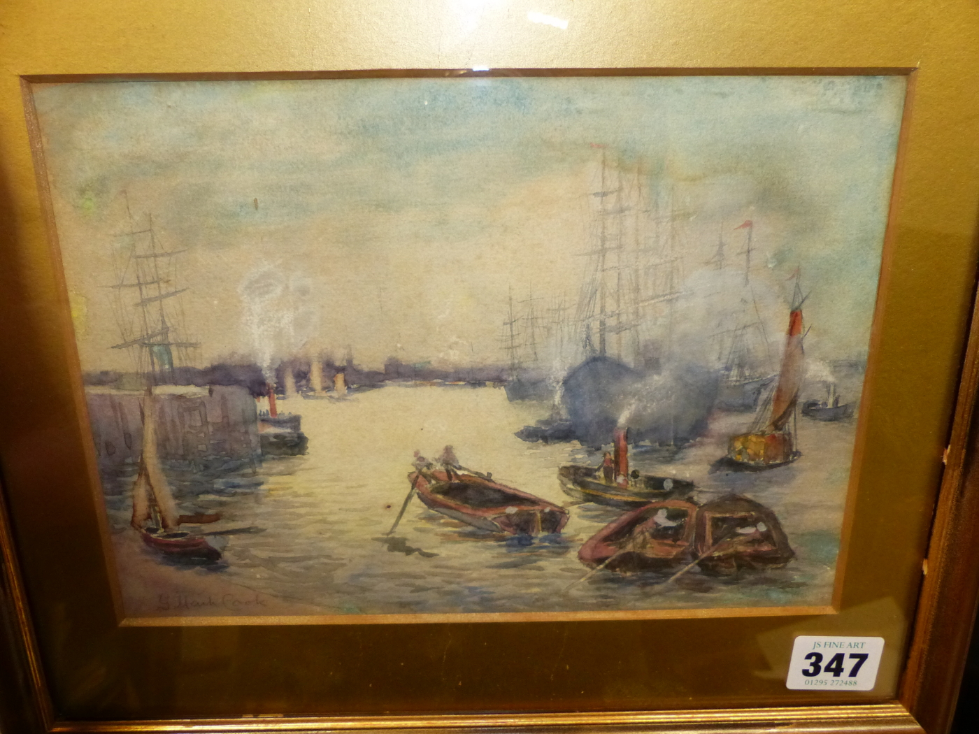 G. MARK COOK (EARLY 20th.C. ENGLISH SCHOOL). A BUSY HARBOUR. WATERCOLOUR, SIGNED. 17 x 24cms.