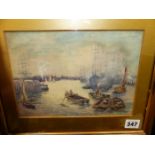 G. MARK COOK (EARLY 20th.C. ENGLISH SCHOOL). A BUSY HARBOUR. WATERCOLOUR, SIGNED. 17 x 24cms.