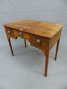 A 19th.C. MAHOGANY SIDE TABLE, THE RECTANGULAR TOP ABOVE THREE EBONY LINE EDGED DRAWERS WITH BRASS