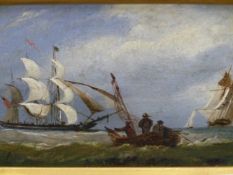19th.C. ENGLISH SCHOOL. SHIPPING IN STORMY SEAS. OIL ON CANVAS. 14 x 19cms.