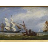 19th.C. ENGLISH SCHOOL. SHIPPING IN STORMY SEAS. OIL ON CANVAS. 14 x 19cms.