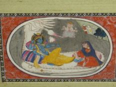 AN INDIAN MINIATURE OF A RECLINING DEITY AND ATTENDANT, WITH OTHER FIGURES IN THE BACKGROUND. 14.5 x