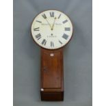 A 19th C. OAK TAVERN TIMEPIECE BY HANDLEY AND MOORE, THE WHITE PAINTED DIAL. Dia. 50.5 x H 106cms.