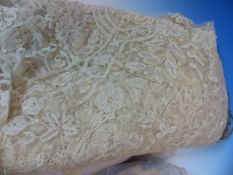 TWO WHITE LACE SHAWLS, ANOTHER SEWN IN GOLD AND SILVER THREAD WITH FLOWERS, A LACE COLLAR, ANOTHER