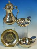 TWO ANTIQUE CONTINENTAL SILVER WINE TASTERS, A EASTERN SILVER SHALLOW DISH, AND A EASTERN SILVER